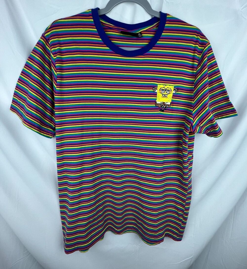 NICKELODEON SpongeBob T Shirt XL Rainbow Striped Embroidered Y2K Cartoon